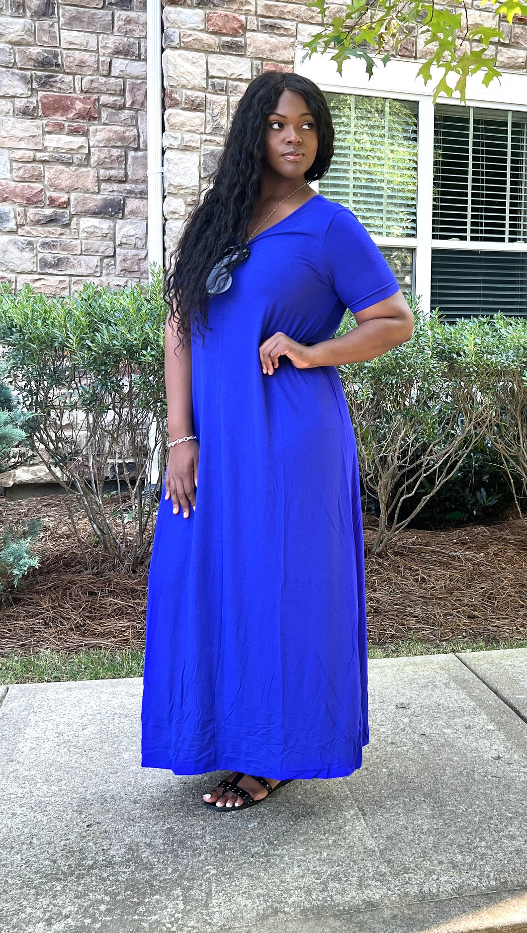 V-Neck Maxi Dress-Plus Size | Bright Blue